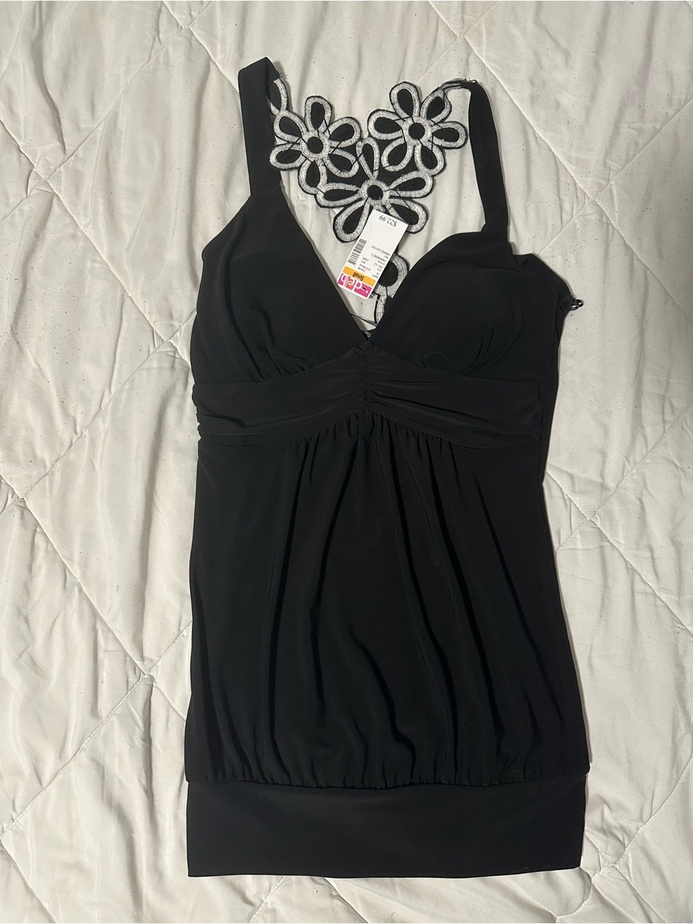 Deb y2k Black Sleeveless Top with Silver Embroidered Trim NWT